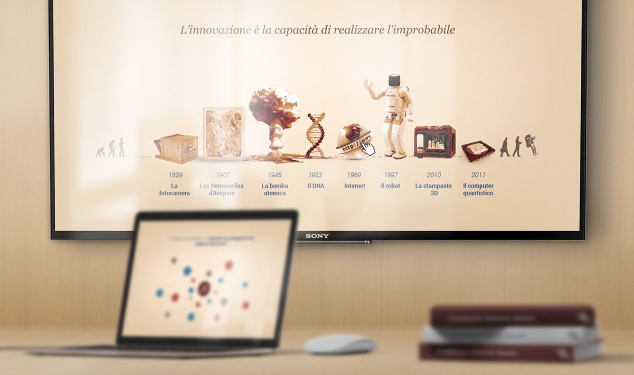 Library, tv screen and laptop displaying the animated storytelling of Fondazione Giannino Bassetti. Design by Fabio Besti