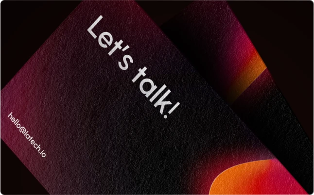 Mockup of a branded business card with a Let's talk! text, realized for the Latech (Stravos) project, a tech startup rebrand by Fabio Besti and Nemesis Agency.
