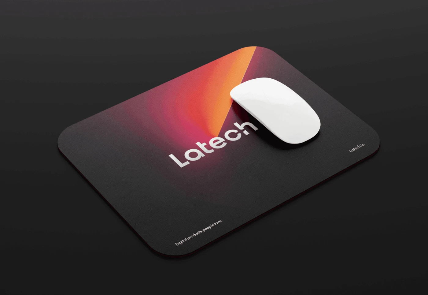 Dark ambient mockup of an apple mouse on its branded pad displaying the logo of Latech. Part of the Latech (Stravos) project, a Tech startup rebrand by Fabio Besti Interdisciplinary Design for Nemesis Agency