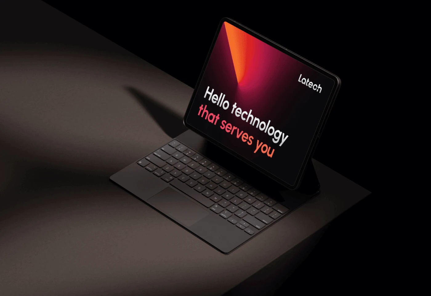Dark ambient mockup of an iPad, displaying a branded screensaver for Latech, reading 