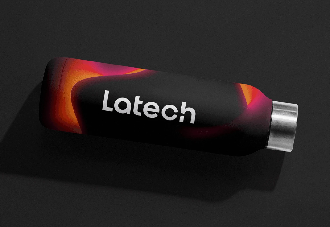 Mockup of a branded Bottle displaying the logo of Latech (Stravos). Realized for the Latech (Stravos) project, a tech startup rebrand by Fabio Besti and Nemesis Agency.