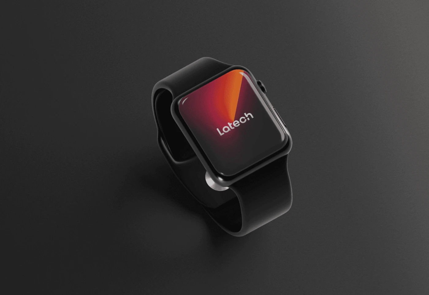 Mockup of a branded iWartch displaying the logo design of Latech. Realized for the Latech (Stravos) project, a tech startup rebrand by Fabio Besti and Nemesis Agency.