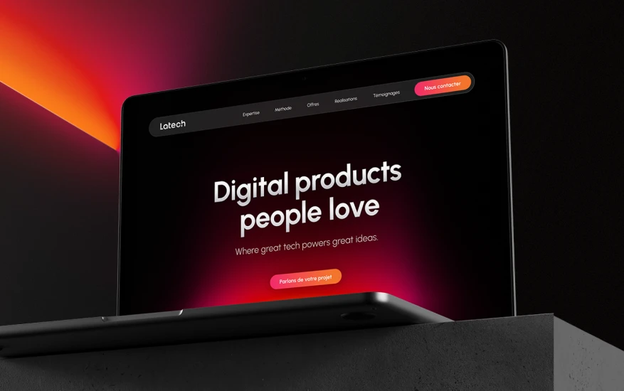 Mockup of a laptop in the shadow displaying the homepage of the Latech (Stravos) website. Realized for the Latech Project, a tech startup rebrand. Design by Nemesis Studio and Fabio Besti