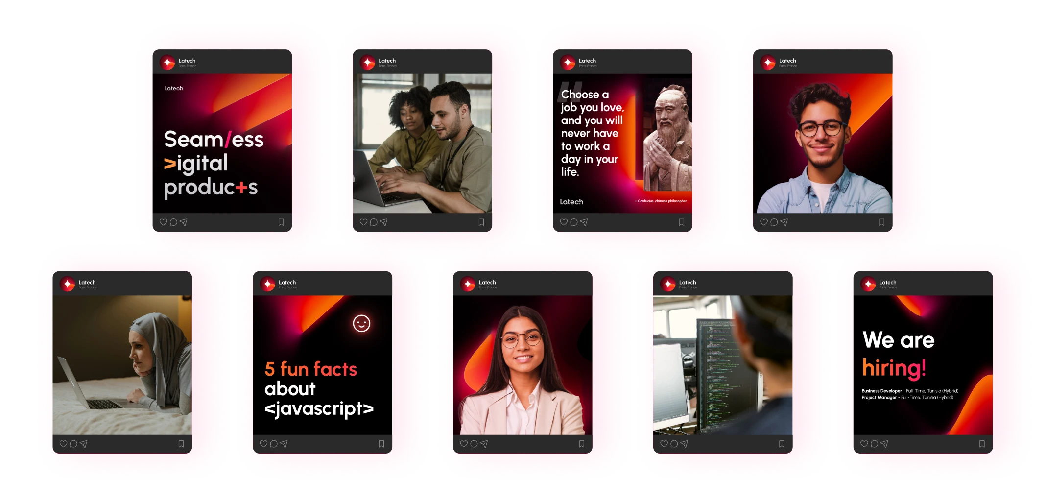 Mockup of social media cards, displaying the social media identity for the Latech (Stravos) project, a tech startup rebrand by Fabio Besti Interdisciplinary Design for Nemesis Agency