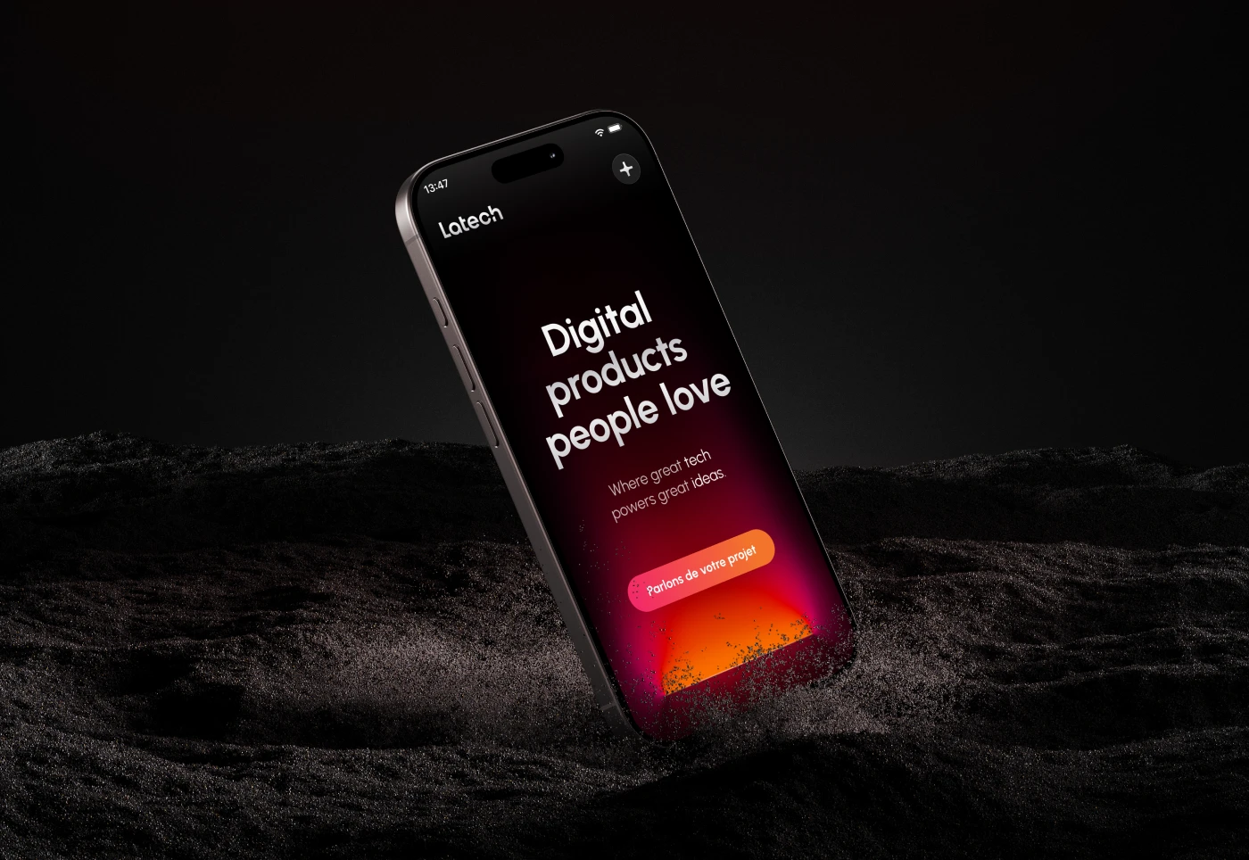 Dark ambient mockup of an iPhone displaying the mobile version of the Latech web design, reading 