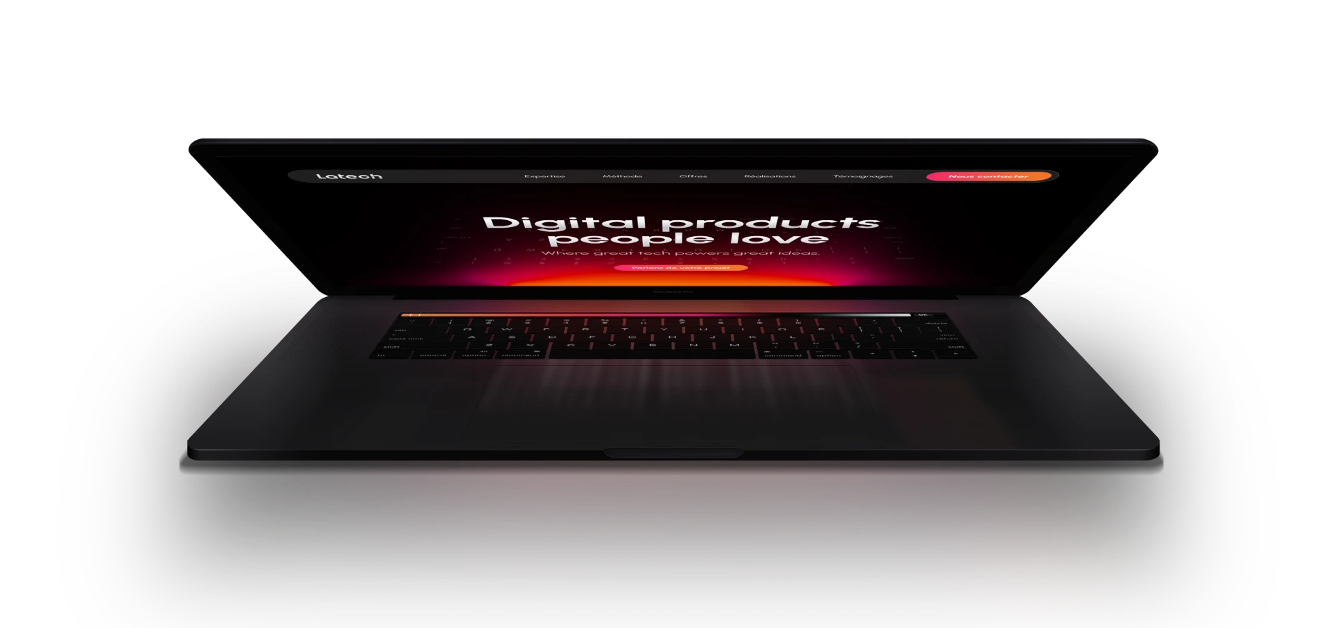 Mockup of an MacBook Pro semiclosed, displaying the desktop version of the Latech web design, on the tech stack section, reading 